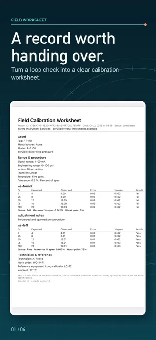 Field calibration worksheet PDF made by My LoopCal with asset, range and procedure, as-found and as-left tables and technician section