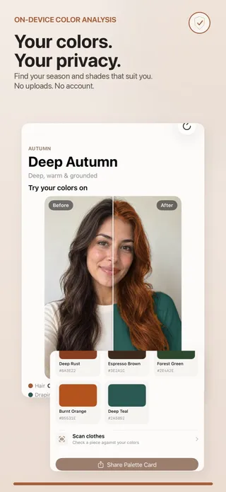 A TrueColors Deep Autumn result with a before-and-after hair color photo and core palette swatches with hex codes