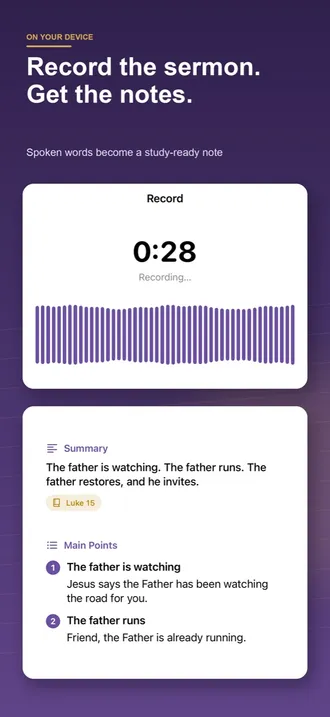 Record screen at 0:28 with a live waveform, above the resulting Summary and Main Points for a sermon on Luke 15