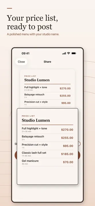 A salon price list image for Studio Lumen listing each service, its time and its price, ready to share