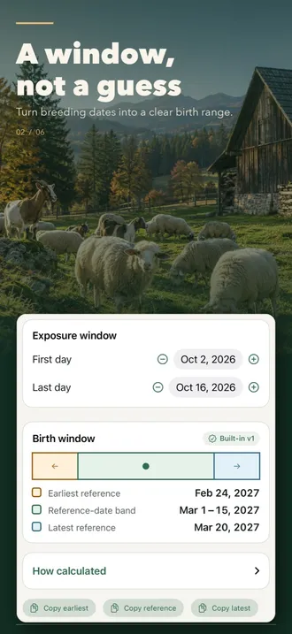Exposure window October 2 to 16, 2026 turned into a birth window: earliest February 24, reference band March 1–15, latest March 20, 2027