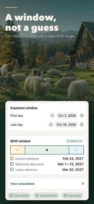 Livestock Gestation Tracker turning an exposure window of October 2 to 16, 2026 into a birth window from February 24 to March 20, 2027
