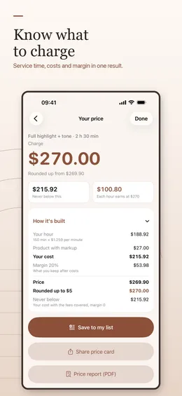 Your price screen for a 2 h 30 min highlight: the price to charge, the price never to go below, what each hour earns and how it is built