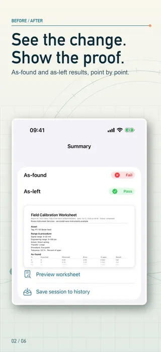 My LoopCal check summary: as-found failed, as-left passed, with the field calibration worksheet preview