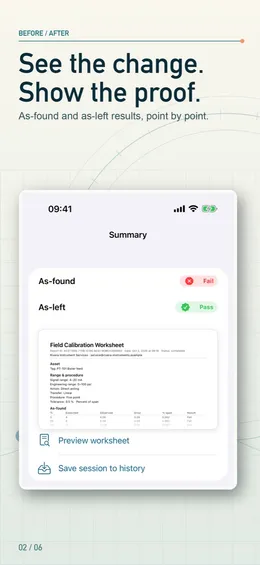 Check summary: as-found failed, as-left passed, with a preview of the worksheet and Save session to history