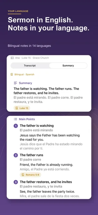 SermonNote bilingual notes for a Luke 15 sermon: each main point in English with the Spanish translation underneath