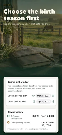 Reverse planning: desired births March 21 to April 11, 2027 give a reference service band of October 25 to November 15, 2026