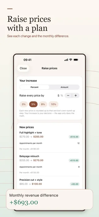 Salon Pricing Calculator's raise-prices planner: a 5% increase showing each service's old and new price and a monthly revenue difference