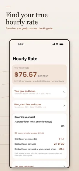 Hourly Rate screen showing the rate per hour and per minute, the goal and hours behind it, and clients per week needed
