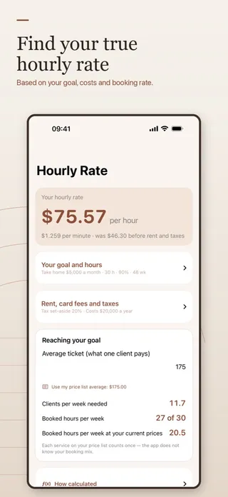 Salon Pricing Calculator's Hourly Rate screen: 75.57 per hour, 1.259 per minute, and 11.7 clients per week needed