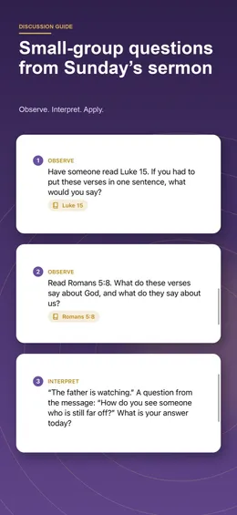 Discussion Questions template: Observe and Interpret questions drawn from the sermon, each with its Scripture reference