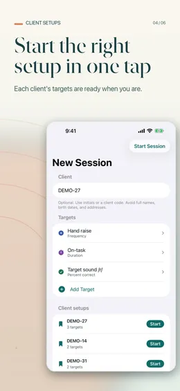 New Session screen with client code DEMO-27, three targets (frequency, duration, percent correct) and saved client setups with Start buttons