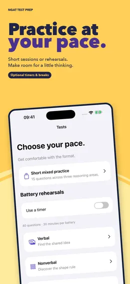 Tests screen with a short mixed session, battery rehearsals and a timer switch