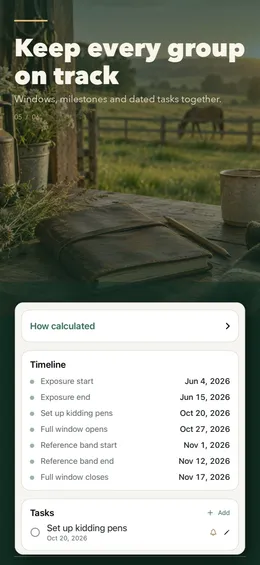 Plan timeline from exposure start to full window close, with a “Set up kidding pens” task on October 20