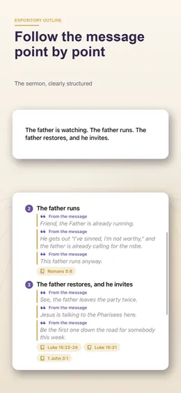 Expository outline: main points with quoted lines “From the message” and their Scripture references