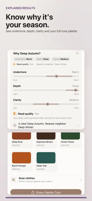 TrueColors explaining a Deep Autumn result: undertone warm, depth deep, clarity medium, with the nearest neighbouring season