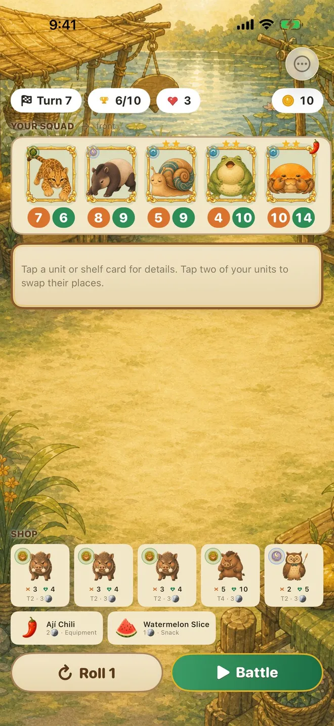 Capybara Arena shop and team-building screen