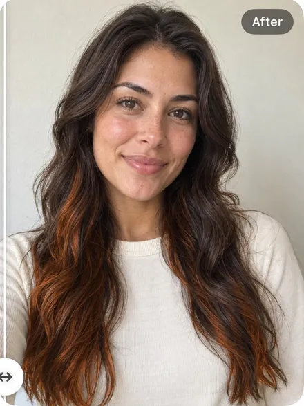 Actual TrueColors example of copper balayage on the same portrait.