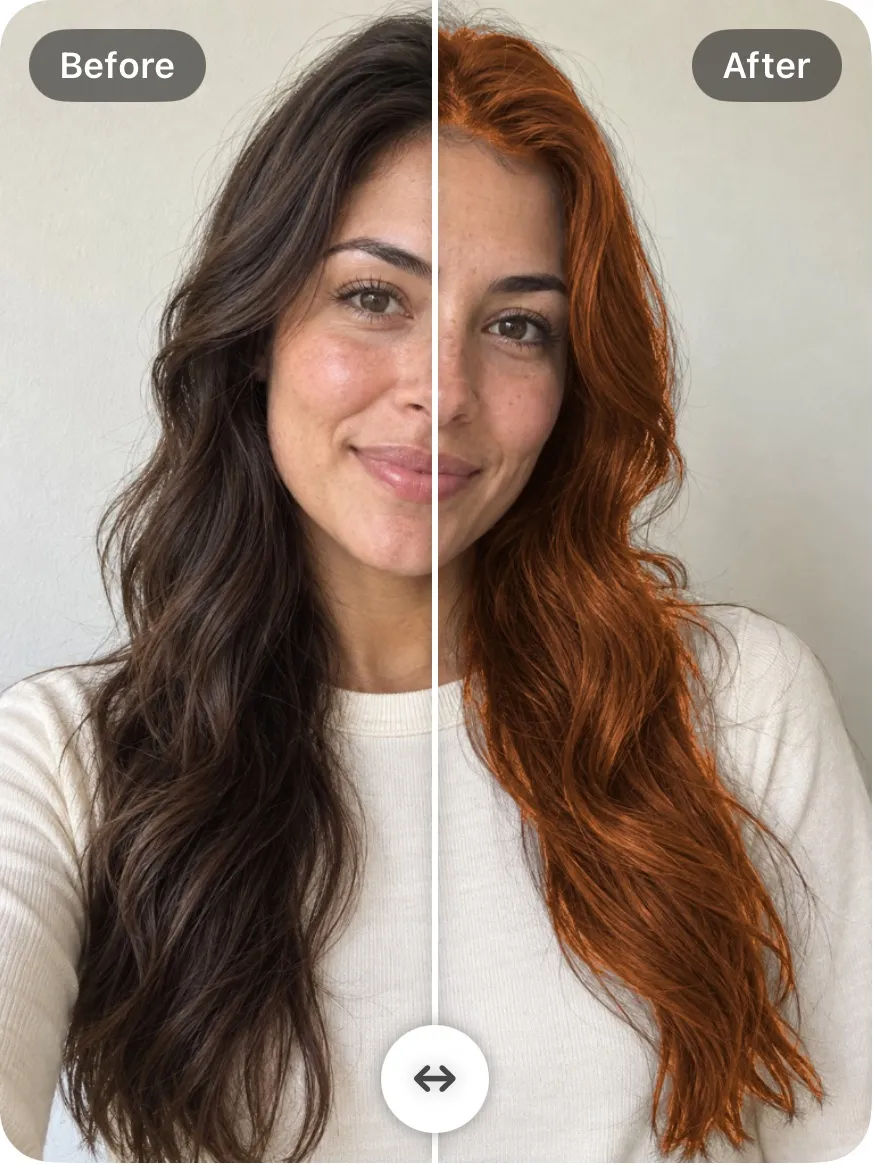 Actual TrueColors hair preview: the same portrait before and after trying a copper hair color.