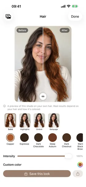 Actual TrueColors hair studio showing copper hair before and after, four dye looks and recommended shades.