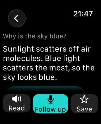 AI4Watch answer screen with a question and short AI answer sized for Apple Watch