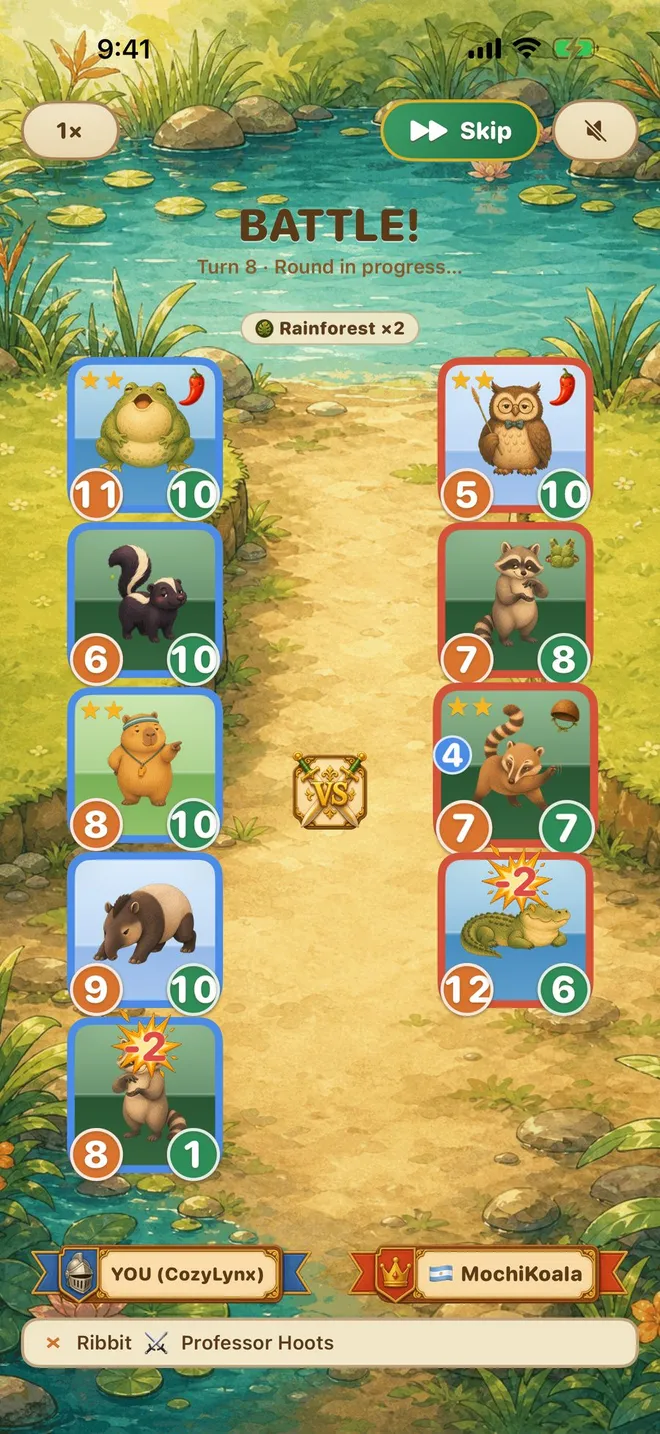 Actual Capybara Arena battle showing animal teammates on the board