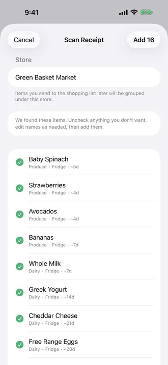 PantryPals receipt scan review with detected grocery items