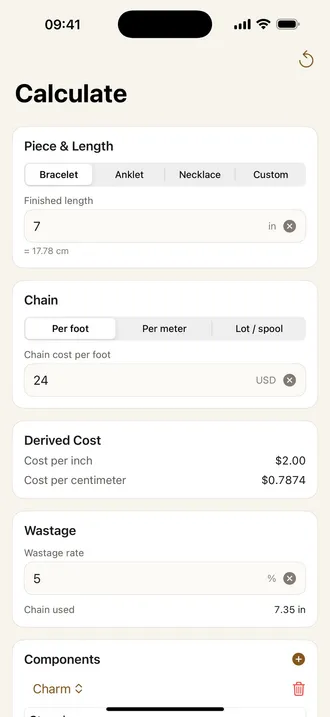 Jewelry Pricing Calculator cost and price calculation screen