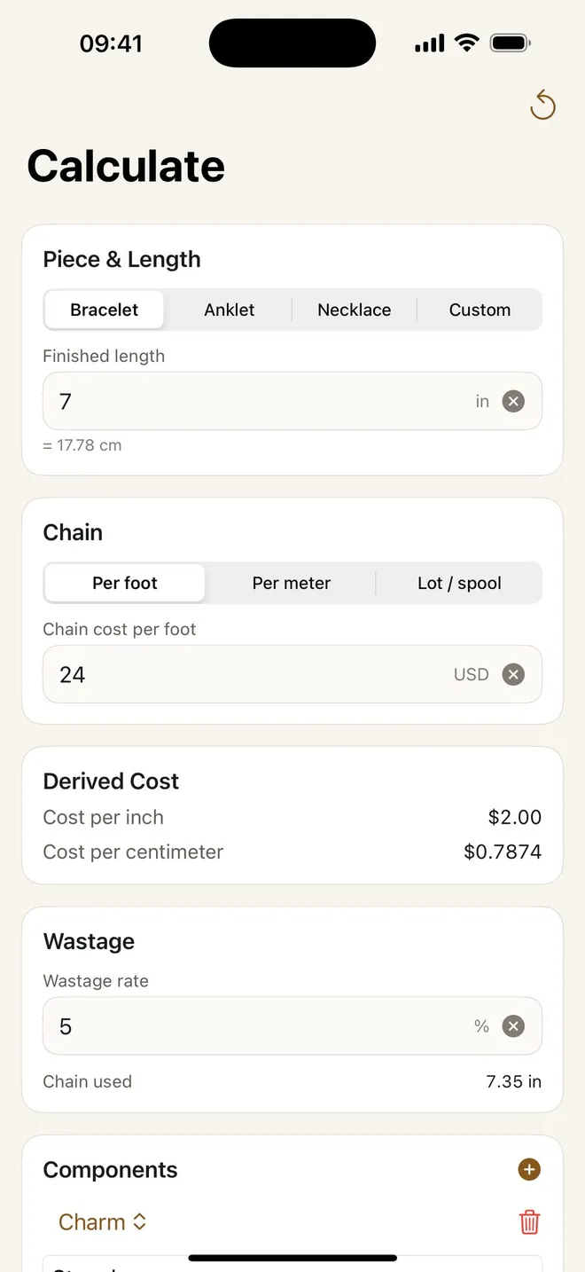 Jewelry Pricing Calculator showing a permanent jewelry calculation