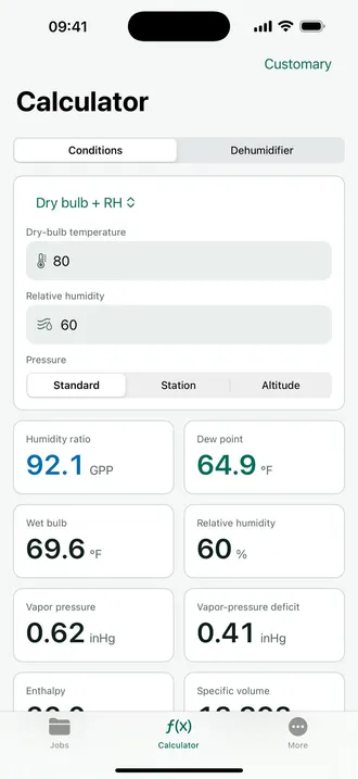 Restoration Drying Calc psychrometric calculator with air conditions and calculated results