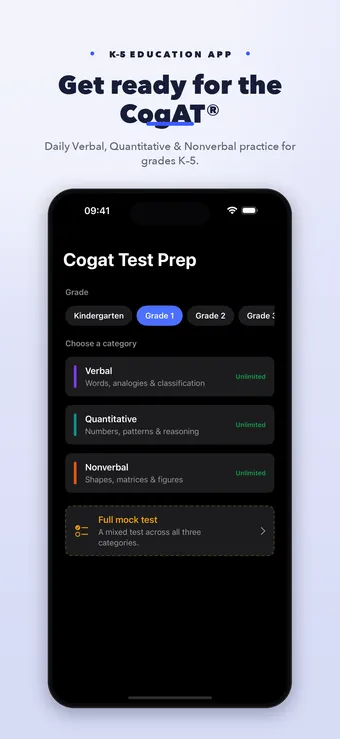 CogAT Test Prep home screen with grade choices, three reasoning categories, and a full mock test