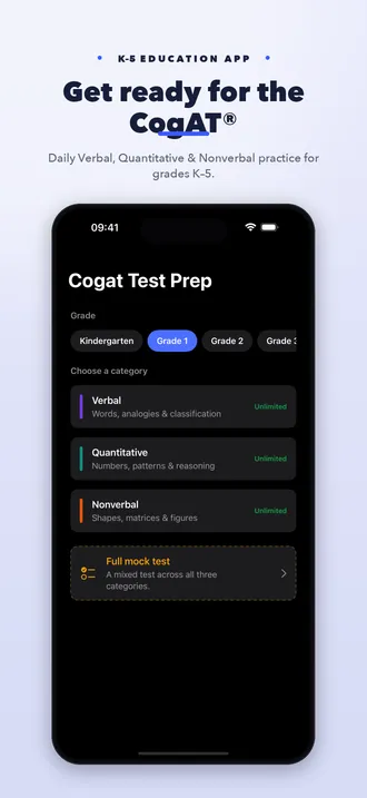 CogAT Test Prep home screen with grade choices, three reasoning categories, and a full mock test