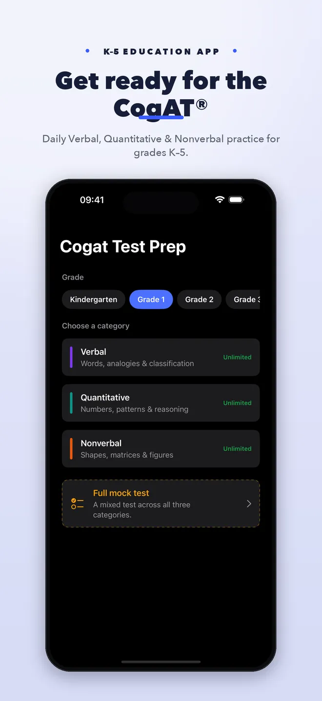 CogAT Test Prep screen showing K–5 grade choices and verbal, quantitative, and nonverbal practice