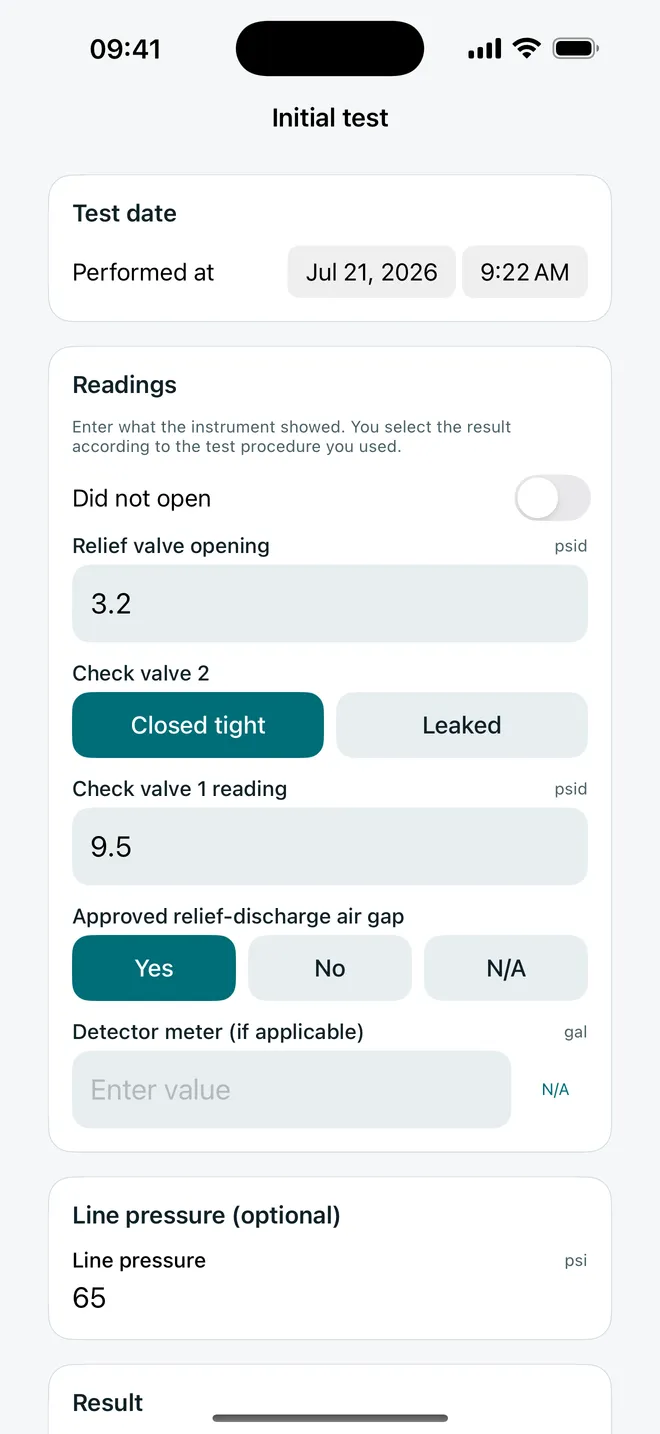 Backflow Test Fieldbook initial test entry with pressure readings and tester-selected pass or fail controls