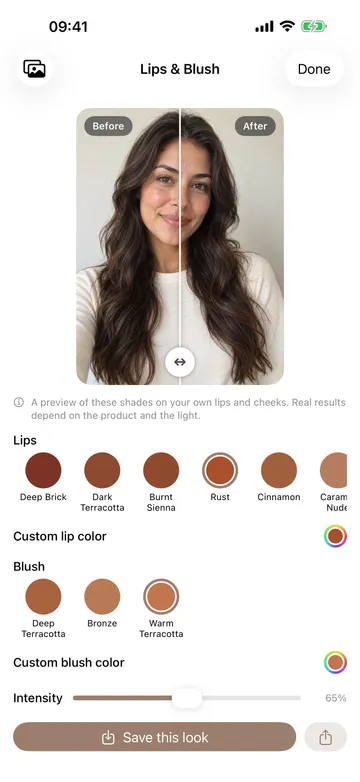 TrueColors Lips and Blush studio with a before-and-after portrait, six lipstick shades, three blush shades, custom colors and an intensity slider.