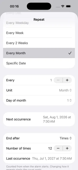Alarm Pro en inglés con repetición mensual el día 1, final tras 12 veces y vista previa de la última fecha