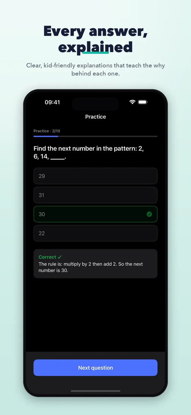 CogAT Test Prep number-pattern practice question with a kid-friendly answer explanation