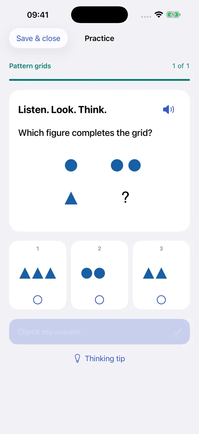OLSAT Test Prep pattern grid question with a two-by-two shape grid, one missing cell, and three answer choices