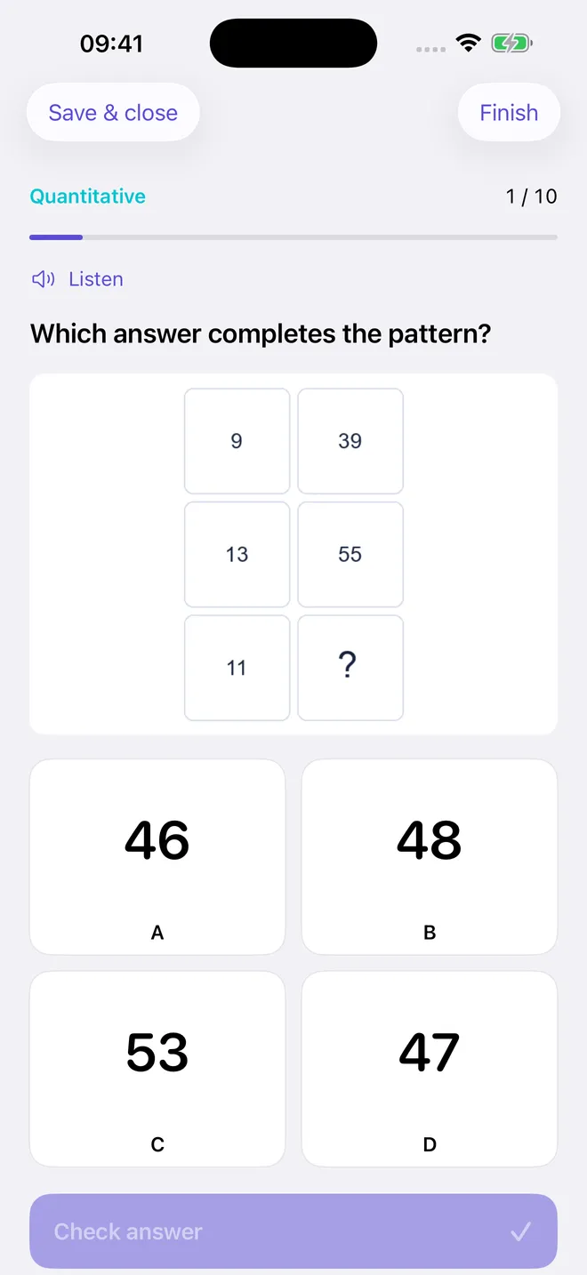 NGAT Test Prep quantitative question with a two-column number grid, a missing number, and four numeric answer choices