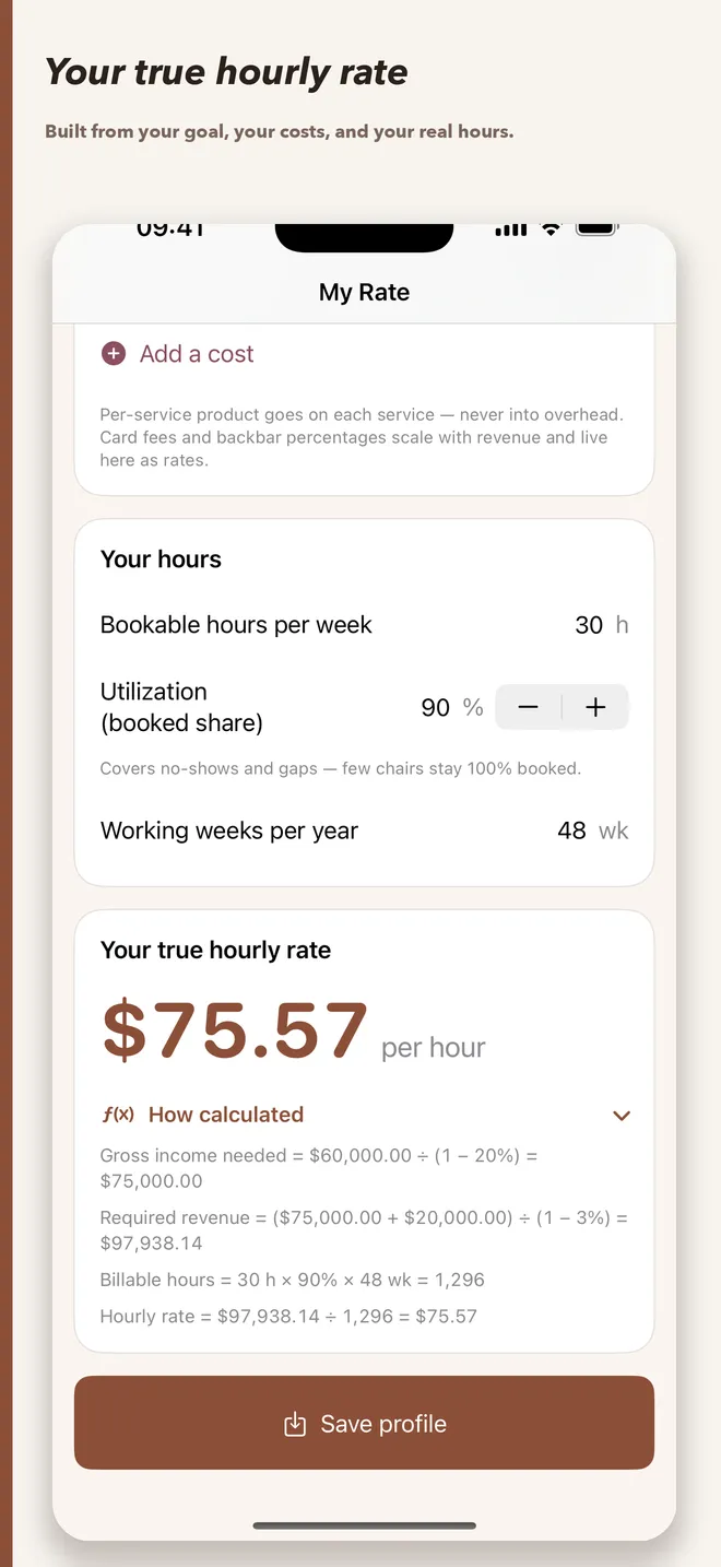 Salon Pricing Calculator true hourly rate with bookable hours, utilization, working weeks, and visible calculation