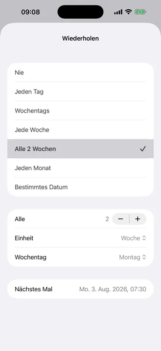 Deutscher Wiederholen-Bildschirm mit Jeden Monat direkt unter dem ausgewählten Eintrag Alle 2 Wochen