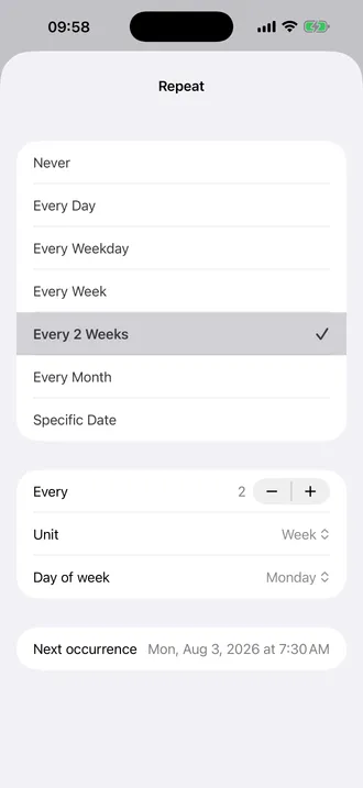 Alarm Pro Repeat screen with Every Month available below the selected Every 2 Weeks preset
