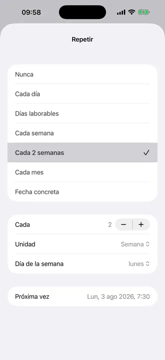 Pantalla Repetir de Alarm Pro en español con Cada mes debajo de Cada 2 semanas, que está seleccionado
