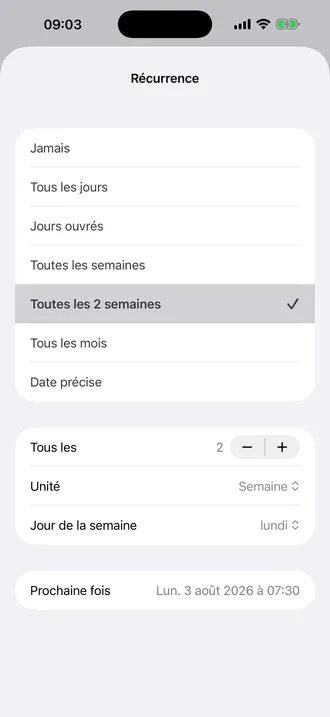 Écran Récurrence en français avec l’option Tous les mois sous Toutes les 2 semaines