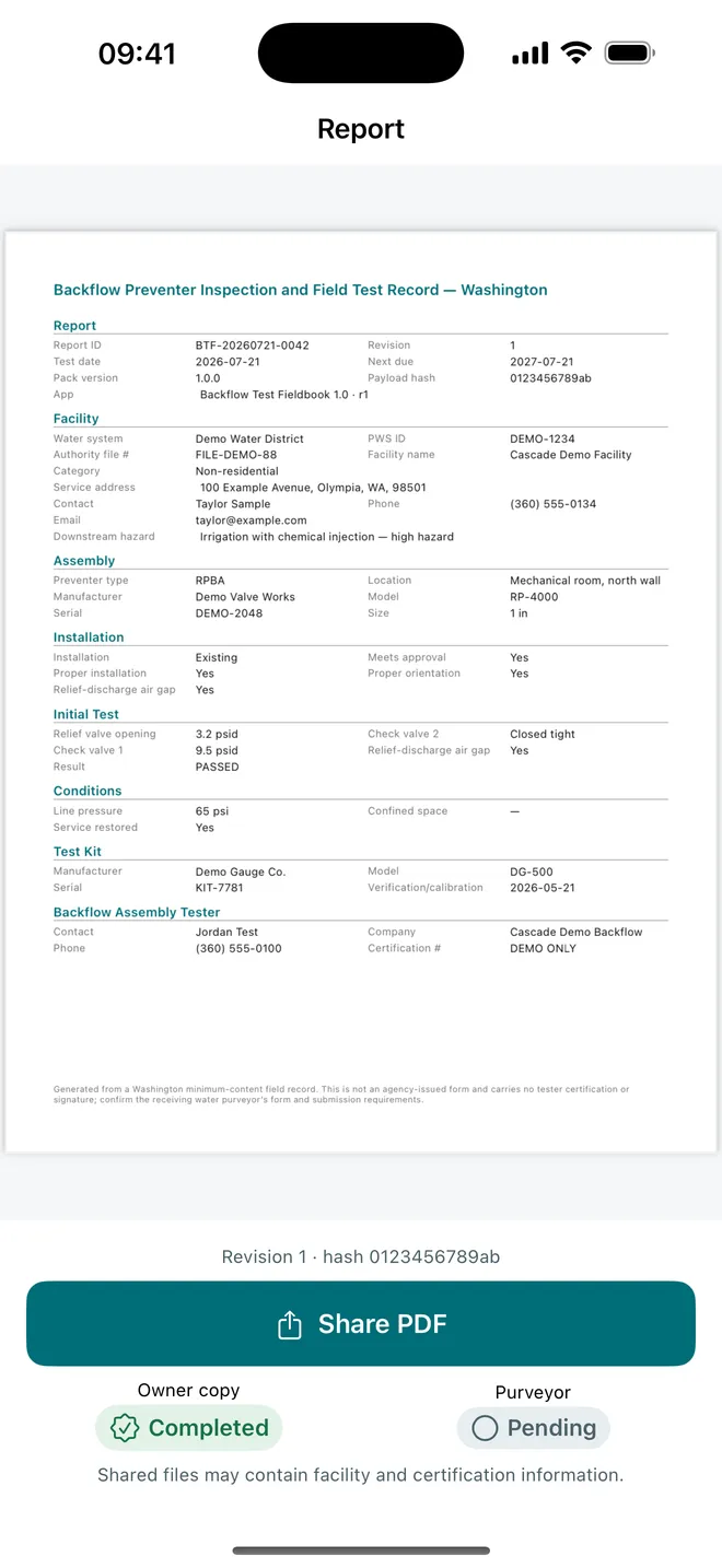 Backflow Test Fieldbook Washington field record PDF with facility, assembly, test, kit, and tester sections