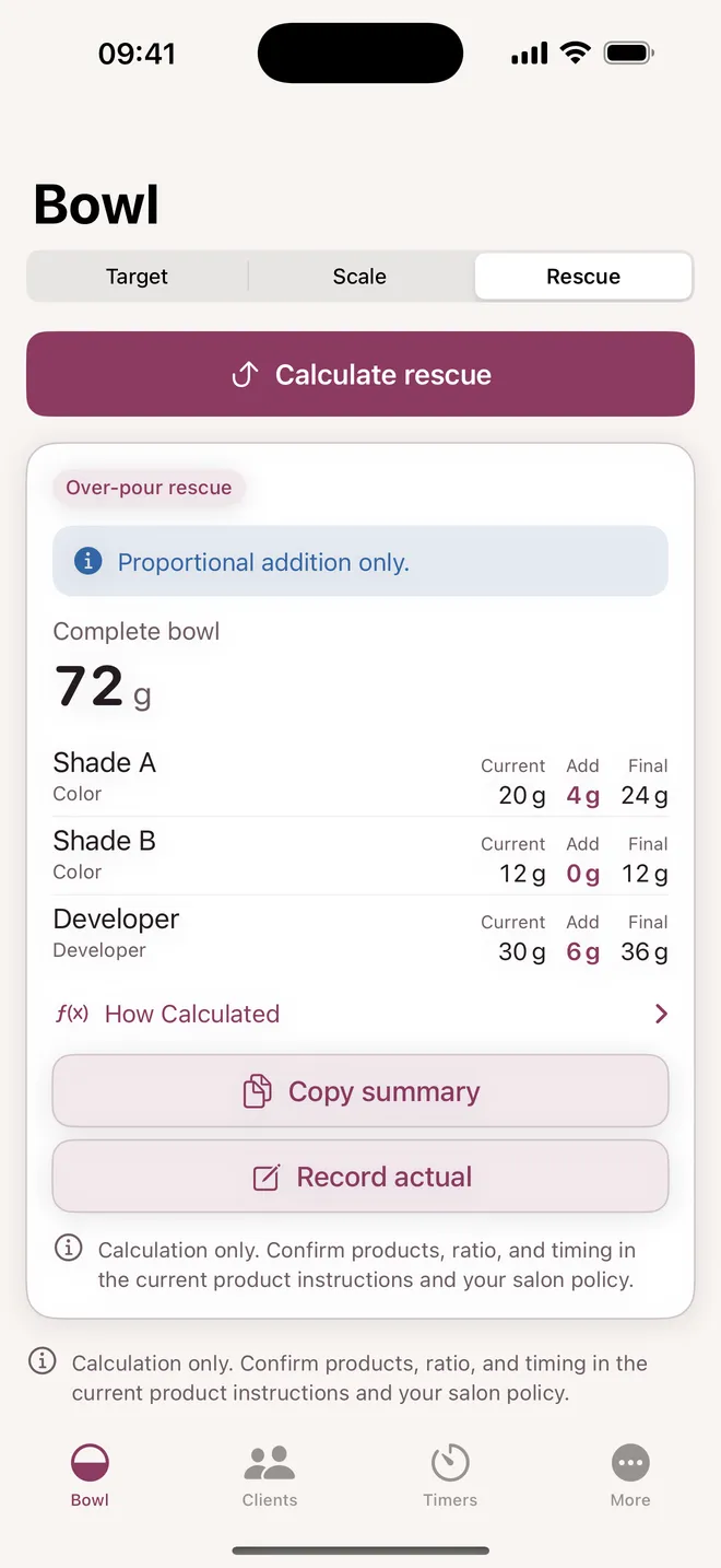 Hair Color Bowl Calculator over-pour rescue screen showing current weights, proportional additions, and final bowl total