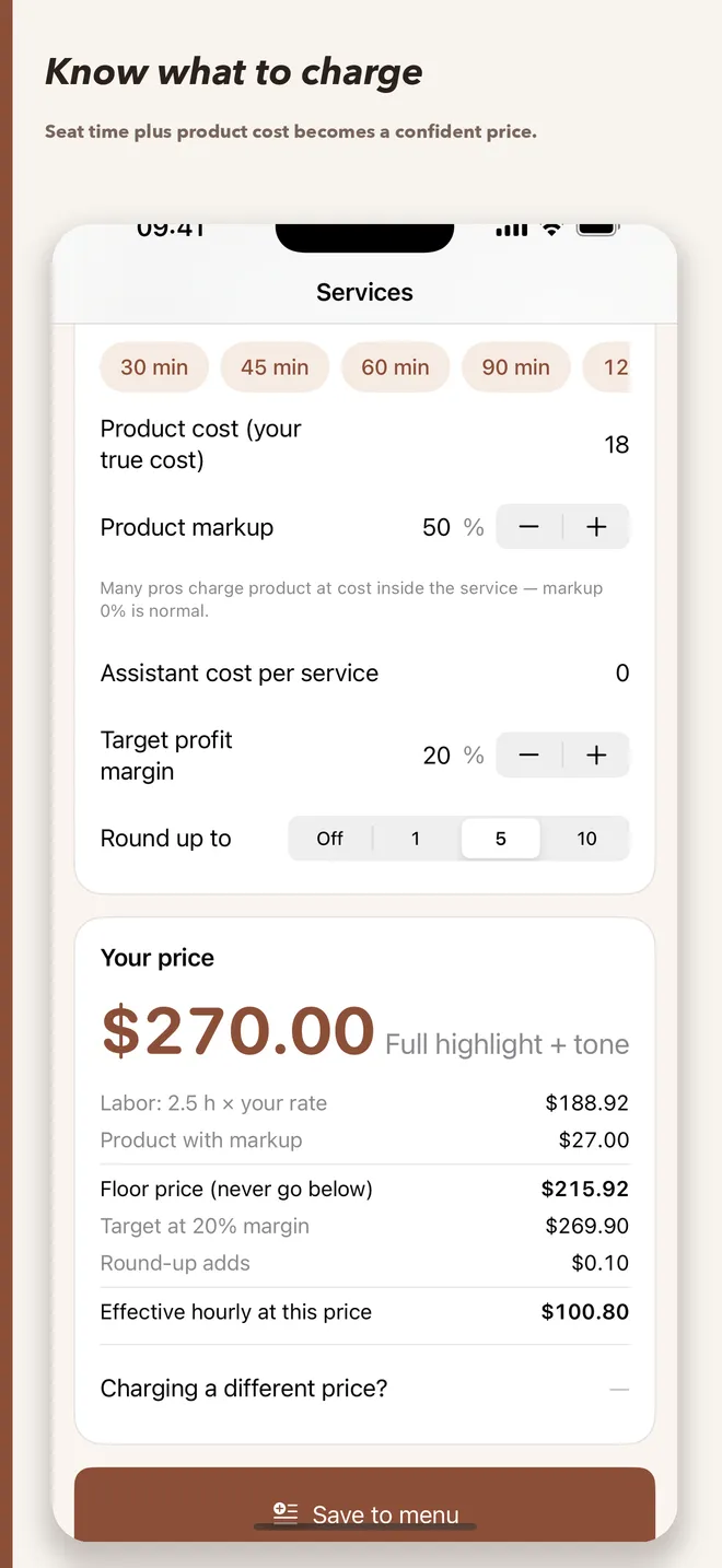 Salon Pricing Calculator showing a service price built from seat time, product cost, floor price, and target margin
