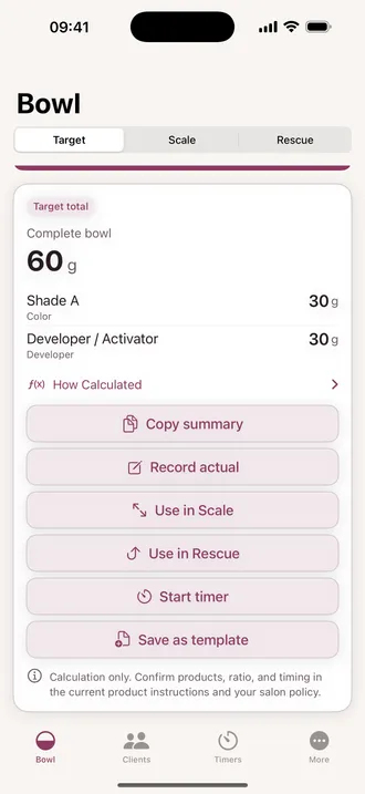 Hair Color Bowl Calculator showing a completed 60 gram bowl with 30 grams of shade and 30 grams of developer