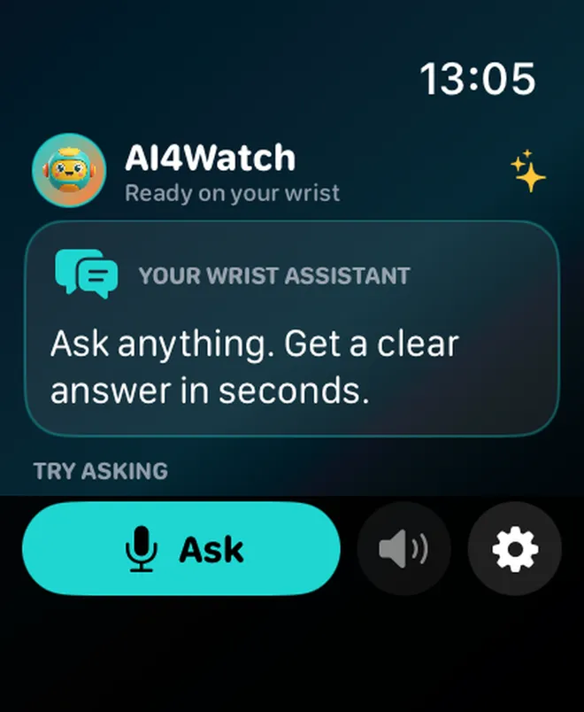 AI4Watch start screen with the message “Ask anything. Get a clear answer in seconds.” and a large Ask button with a microphone icon