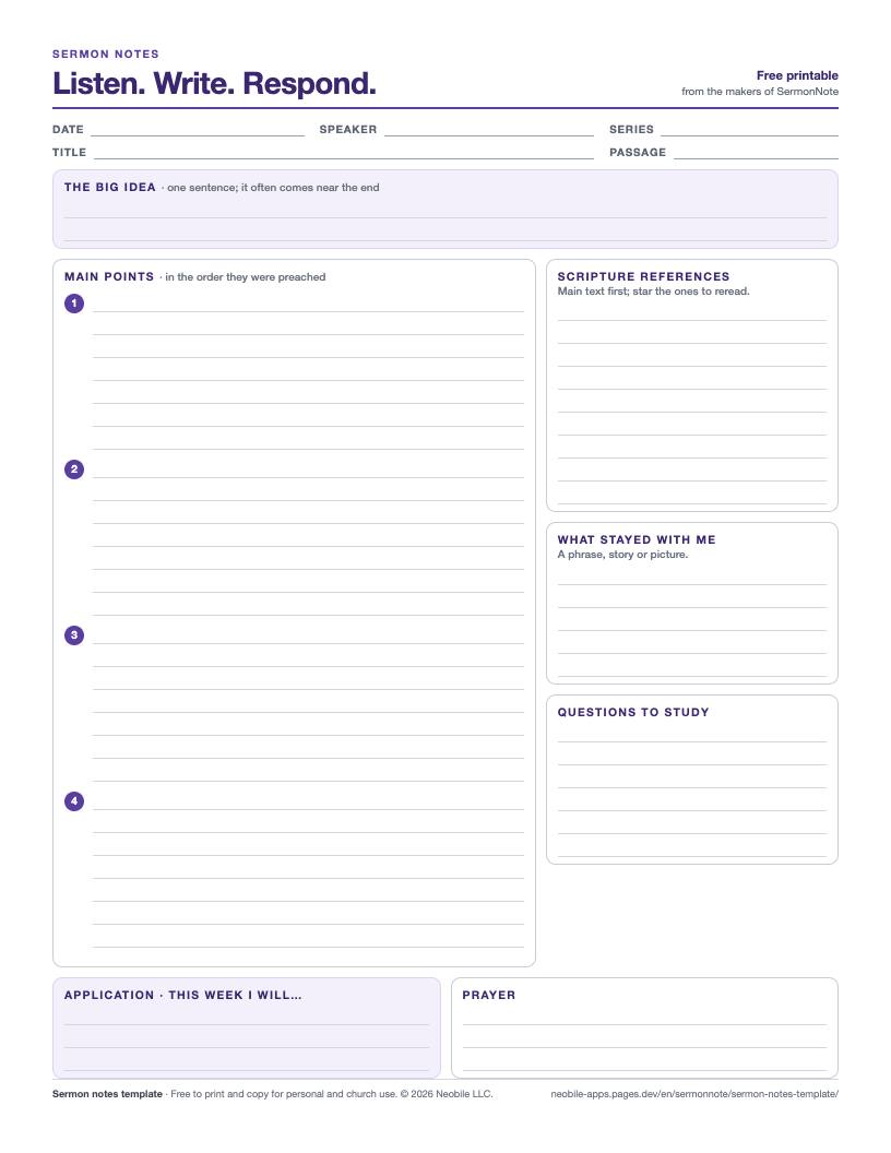 Preview of the sermon notes template: fields for date, speaker, series, title and passage; a big idea box; four numbered main points; boxes for Scripture references, what stayed with me and questions; application and prayer at the bottom